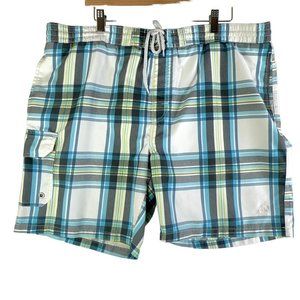 Caribbean Joe Mens Swim Trunks Large Aqua Green Gray Plaid Hawaiian Pocket GUC